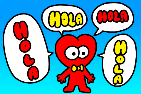Illustrated gif. Red little man with a heart shaped head and a yellow bow tie waves his short arms around. He says, “hola, hola, hola, hola.”