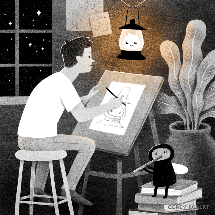 an animator sitting on a stool and sketching out a light character that is hanging in front of him at night