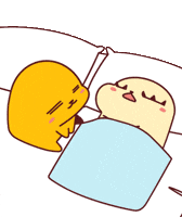 Digital illustration gif. Chibi Pokémon Pikachu leans in to kiss Piplup who is tucked in under a blanket and snoring softly. A heart floats up and away after each kiss. 