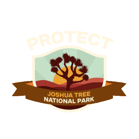 Digital art gif. Inside a shield insignia is a cartoon image of a Joshua tree in shadow against a rising sun. Text above the shield reads, "protect." Text inside a ribbon overlaid over the shield reads, "Joshua Tree National Park."