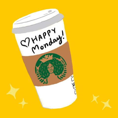 Illustrated gif. A hot to-go coffee cup with a parody of the Starbucks logo that replaces the mermaid with a woman with big, curly hair. Written on the cup with a heart drawn next to it is, “Happy Monday!” The cup moves side to side and sparkles light up around it.