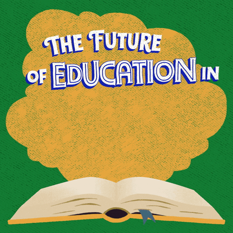 Digital art gif. Yellow cloud hovers over an open book against a green background. Text, “The future of education in Wisconsin is on the ballot.”