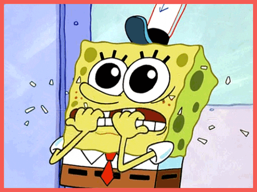 SpongeBob gif. Spongebob chomps down on his fingernails on both hands with nail pieces flying out like wood chips. His pupils are wide with fear.