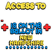 Text gif. Colorful bubble text flanked by pulsating red medical plus signs against a transparent background reads, “Access to healthcare is on the ballot in New Hampshire.” The word “healthcare” moves across the screen in the same zigzag manner as an electrocardiogram machine. A line of blue dots marches across the bottom.