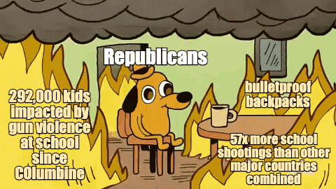 Meme gif. Cartoon dog sits inside a burning room at a table with a cup of coffee. The dog looks into his mug and says, "This is fine." The dog is labeled "Republicans," and the various flames are labeled "two hundred and ninety-two thousand kids impacted by gun violence at school since Columbine," "bulletproof backpacks," and "fifty-seven times more school shootings than other major countries combined."
