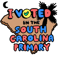 Sticker gif. Outline of South Carolina in brown and the text, 'I voted in the South Carolina Primary' is written in blue and red, with the 'O' in voted being yellow with a green check mark. A black crescent moon and palm tree appear on the side of the state.