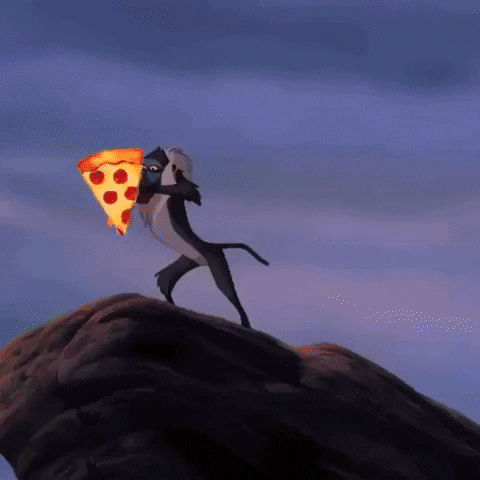 Movie gif. The pivotal scene in Lion King when Rafiki lifts up Simba to bestow their new king upon the land. But Simba has been replaced, edited over by a slice of pizza. The sun shines upon the single slice of pepperoni pizza and we all bow to its power.