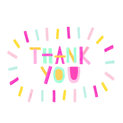 Text gif. Rainbow lines like sprinkles dance around the words "Thank You" against a white background. 