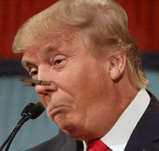 Photo gif. Trump has been edited to have a clothes pin stuck on his nose and is vomiting mud out of his mouth.