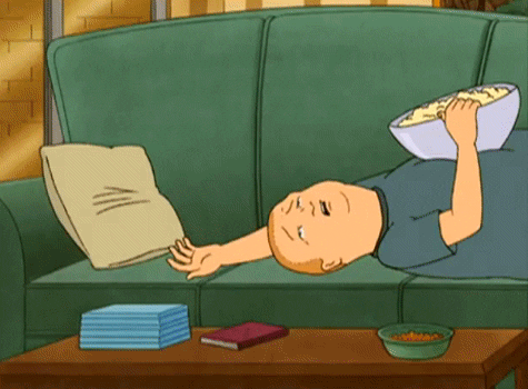 Cartoon gif. Bobby from King of the Hill lies down on a couch with a bowl of popcorn on his belly. His neck extends out absurdly long with the word 'Nope" written on it, then the frame cuts to his face, zooming through the sky