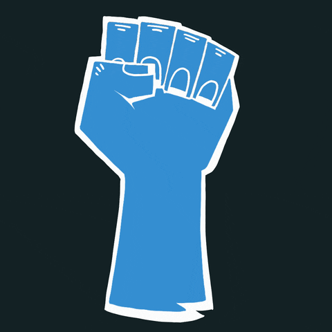 Illustrated gif. Blue fist raised in solidarity, a message appears down the forearm, "Vote, blue, today."