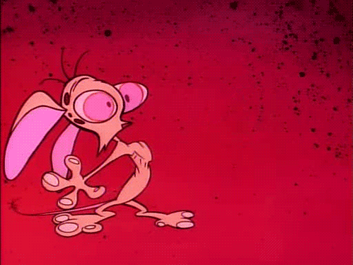 Cartoon gif. Ren Höek from The Ren and Stimpy Show presses against a red wall looking speechless, his heart pumping in and out of his body.