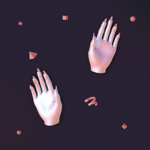 Digital art gif. Holographically shiny, disembodied hands with long nails wave, floating above a minimalist dark purple background scattered with a few colorful geometric shapes.