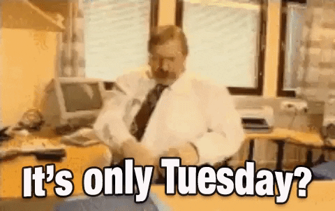 Video gif. A blurry video shows a man in a cubicle sitting in front of a 90s-style computer throwing his papers all around the room in disgust. Text, 