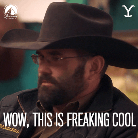TV gif. Jake Ream as Jake in Yellowstone bobs his head saying, “Wow, this is freaking cool.”