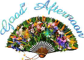 Sticker gif. Open accordion hand fan covered in flowers sparkles over a transparent background. Text, “Good Afternoon.”