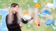 Video gif. A meteorologist stands in front of a weather map and gestures to the right, where a high temperature icon turns into an explosive flame. Flashing white text, 'This."