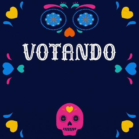 Illustrated gif. Colorful sugar skulls, hearts and living Mexican folk art frame a messaged in stylized font on a navy background. Text, "Votando para los que no pueden."