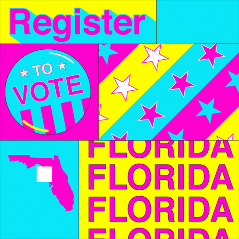 Digital art gif. Collage of pink, yellow, and blue boxes features the shape of Florida with a box being checked, several colorful stripes filled with stars, and a “Vote” button that dances back and forth. Text, “Register to vote Florida.”