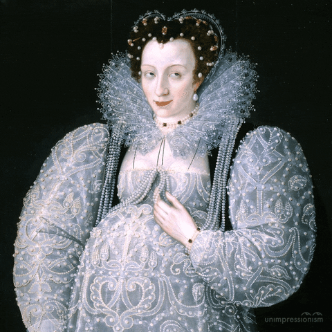 Digital art gif. Tudor portrait painting of a woman with an elaborate lace collar and ornate, puffy beaded gown, looking at us with a slight smile and then rolling her eyes.