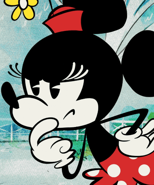 Disney gif. Minnie Mouse leans forward and frowns discerningly, tapping her chin.