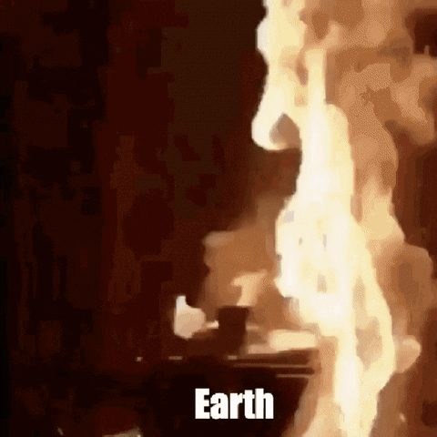 Meme gif. Man in a white chef's coat and hat gingerly opens the lid of a saucepan on a stove and quickly tosses some vegetables inside before jumping back in fear. He dithers worriedly as the lid begins to rattle and runs away when the contents of the saucepan burst into flames. The man is labeled "one hundred companies," the vegetables are labeled "seventy-one percent of global emissions," and the saucepan is labeled "Earth."