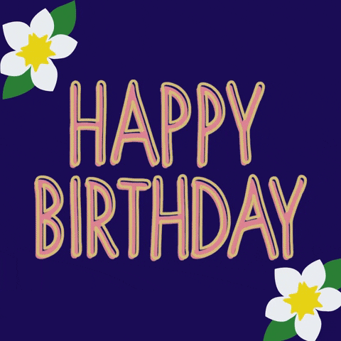 Text gif. Two flowers decorate the flashing text "Happy Birthday", then a white comet moves in a spiral across the image.