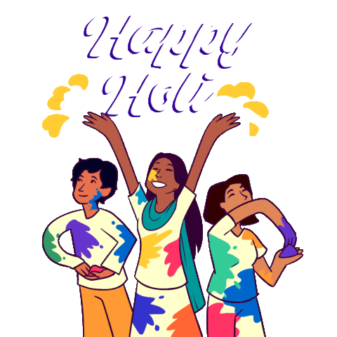 Illustrated gif. Smiling trio wear splattered clothes and toss pigment into the air as clouds of color billow and burst on a transparent background. Text, "Happy Holi."