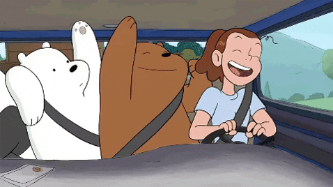 Cartoon gif. Crowded into the front seat of a car, Grizzly and Ice Bear from We Bare Bears pump their arms and cheer while Lucy drives and sings.