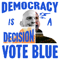 Digital art gif. Collage of photos create a portrait of Senator John Fetterman, cobalt blue lightning bolts emerging from his head, big block letters all around read, "Democracy is a decision, Vote blue."
