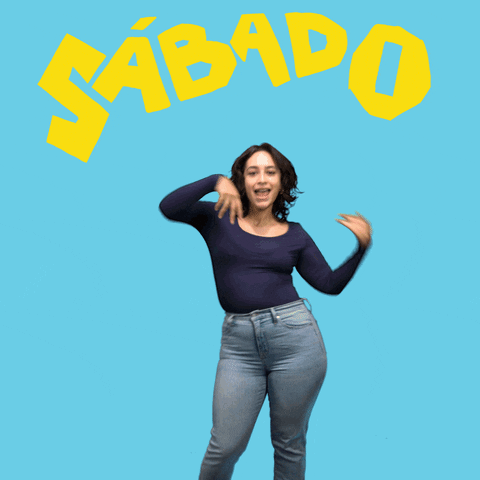 Video gif. Woman dances in front of a sky blue background. She shakes her hips from side to side as her arms cross in front of her and fan out over head while she says, "Sábado," in Spanish, which appears as text.