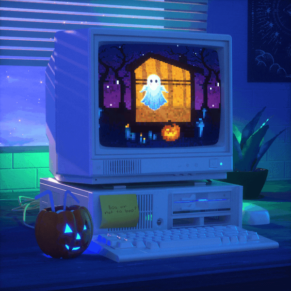 Video gif. Ghost glides back and forth on the pixelated screen of a box computer that sits beside a glowing jack-o-lantern in a dark room.