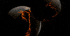 Video gif. Two dark planets collide in a fiery explosion that radiates with a ring of flames and rubble.