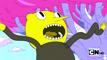 Cartoon gif. Earl of Lemongrab from Adventure Time has his mouth open and stares off into space as his arms do an endless wave of excitement. 