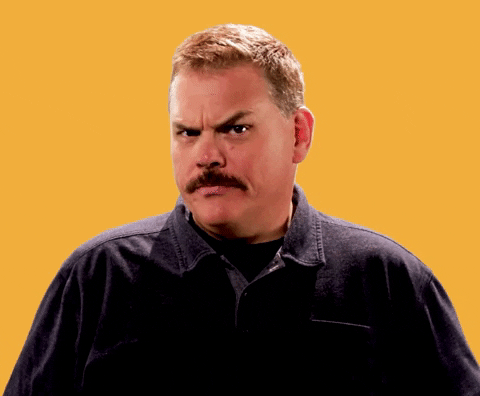 Video gif. Kevin Heffernan looks at us skeptically, his mustache frowning, raising an eyebrow and squinting his eye. 