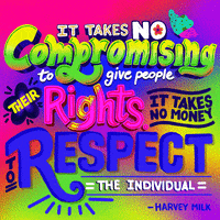Digital art gif. Colorful bubble text in different fonts and sizes reads, "It takes no compromising to give people their rights. It takes no money to respect the individual - Harvey Milk," against an ombre rainbow background.