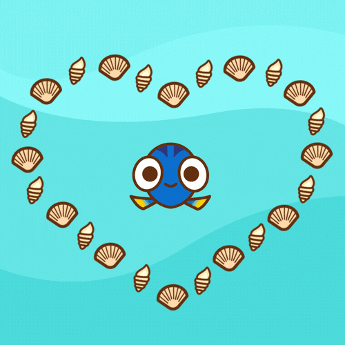 Cartoon gif. Dory from Finding Nemo is drawn in a heart made of shells and she's staring at us happily, gently bouncing up and down in the water.