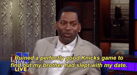 late show ruined a perfectly good knicks game to find out my brother had slept with my date GIF by The Late Show With Stephen Colbert