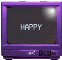 Digital compilation gif. Retro purple TV screen displays an 80s band with three members lined up playing side-by-side keyboards as they do a funky side step dance back and forth in unison. The screen changes to two women in the audience doing the same side step dance all decked out with poofy hair, shoulder pads, and heavy eye makeup. Text, "Happy Birthday."