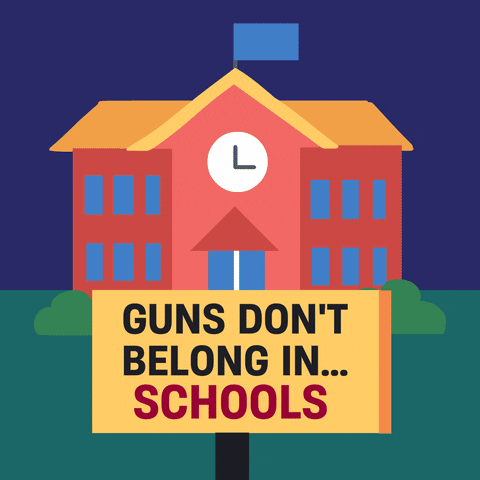 Digital art gif. Cartoon picket sign reads, "Guns don't belong in..." with the next word rotating through different places, including "offices, stadiums, schools, bars, trains," with corresponding animations of the named locations cycling above the picket sign, all against a dark blue background.