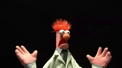 Muppets gif. Beaker trembles, extremely anxious, with his hands palm-up by his shoulders.