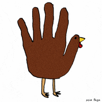 Cartoon gif. A crudely-drawn animation of a walking "hand turkey" with jittery outlines.