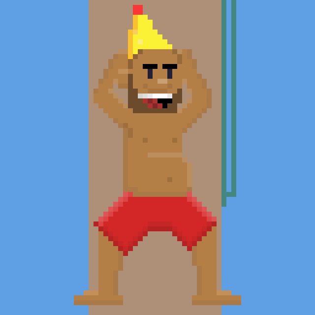 Digital illustration gif. Pixelated man wearing red shorts and a birthday hat holds his arms behind his head, raising his eyebrows as his big pot belly moves in a circular motion. He looks sassy in a creepy sort of way as colorful shapes spin in the opposite direction of his belly. 