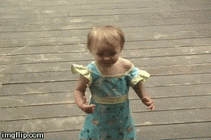Video gif. Blonde baby wearing a dress stands on a deck and says, "I want my money!!" which appears as text.