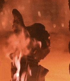 Movie gif. The Terminator's final thumbs up as he sinks into hot lava. We see his thumb slowly go down, disappearing in flaming, molten lava.