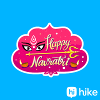 Digital art gif. A pink Indian cloud filled with candles, eyes, bindis, and sparkles has the text, "Happy Navratri!" as a golden trident flys through. 