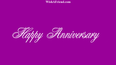 Text gif. The text, "happy anniversary" appears in white script against a magenta background. There is a white glow and sparkle coming from the dot on the letter I.