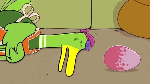 A green cartoon duck looking closely at an egg and gets startled when an evil looking rat bursts out of it, both scream
