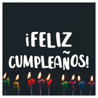 Text gif. Undulating message in white youthful lettering on a black background with lettered birthday candles. Text, "Feliz cumpleanos!"
