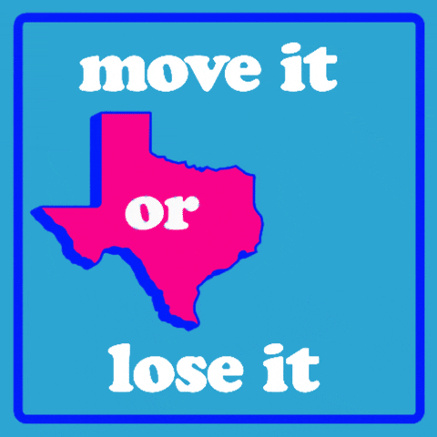 Digital art gif. Five colorful hands over a blue background reach out to the shape of Texas and push it forward, flanked by the text, “Move it or lose it.” The text changes to “Reproductive rights are on the ballot.”